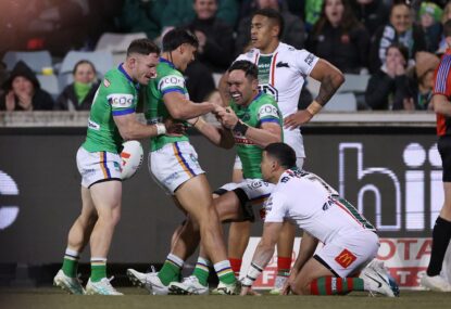 Johnston suffers horror injury as Raiders steamroll Rabbitohs in Wighton’s unhappy homecoming