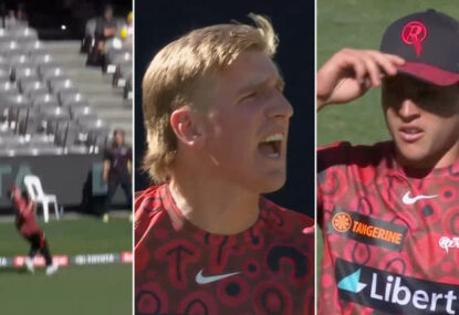 Sutherland flips his lid after teammate loses sight of the ball, watches third six in a row sail right by him