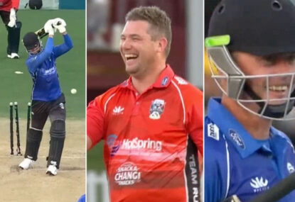 Chris Martin proves he still can't hold a bat, gets bowled first ball... by an ex-rugby player!