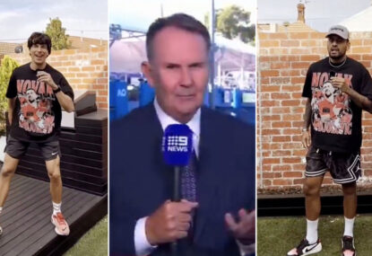 WATCH: 'On live television, mate!' Kyrgios sticks the boot into Tony Jones with Djokovic skit
