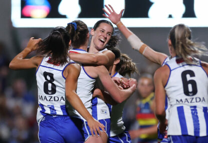 'What a cracking game': Roos rejoice after securing third straight AFLW prelim - and again putting men's team to shame